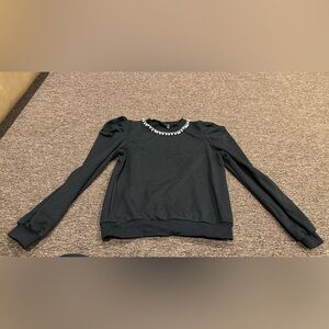 EUC Ontheblvrd M Black Sweater Embellished Pearl rhinestone Neckline